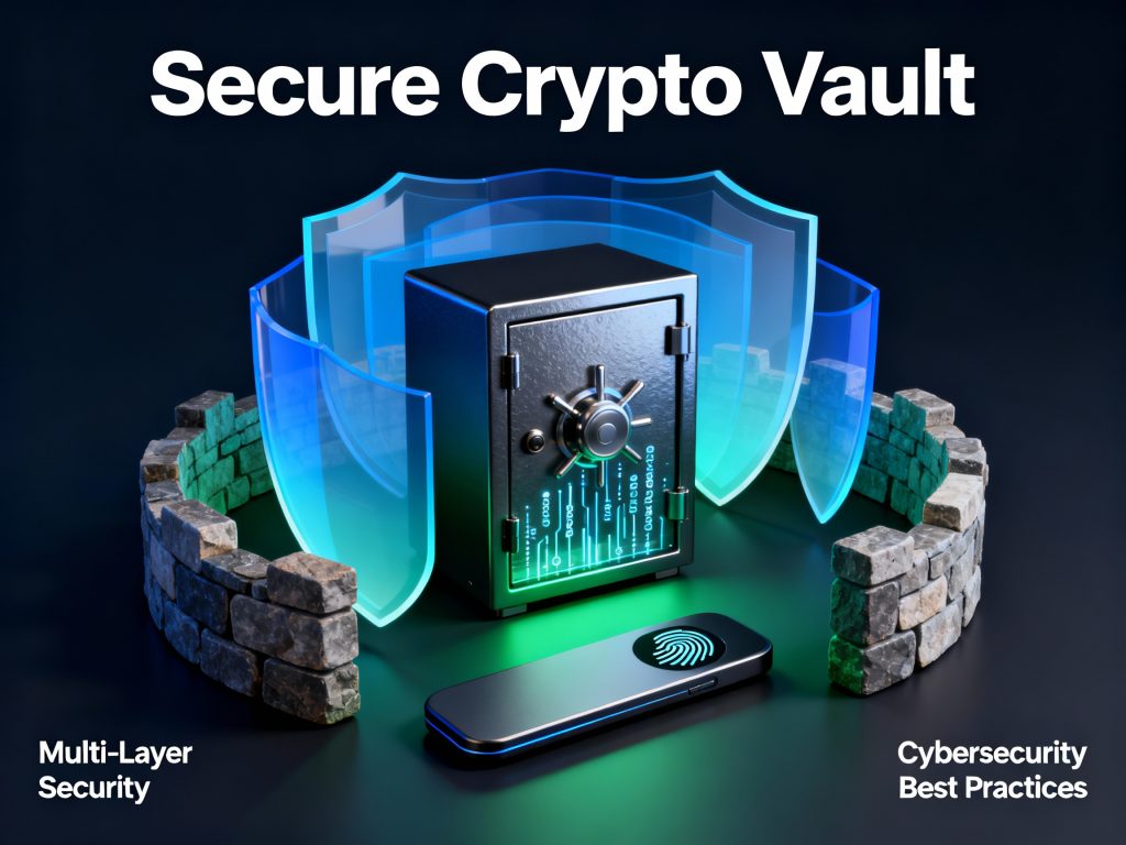 'Security Backup Seed Phrase'라고 적힌 금속 케이스와 자물쇠, 그리고 '2FA Active, Phishing Blocked' 표시가 있는 보안 키 장치를 들고 있는 손과 'Security Checklist Completed' 문서가 놓인 암호화폐 보안 설정 장면