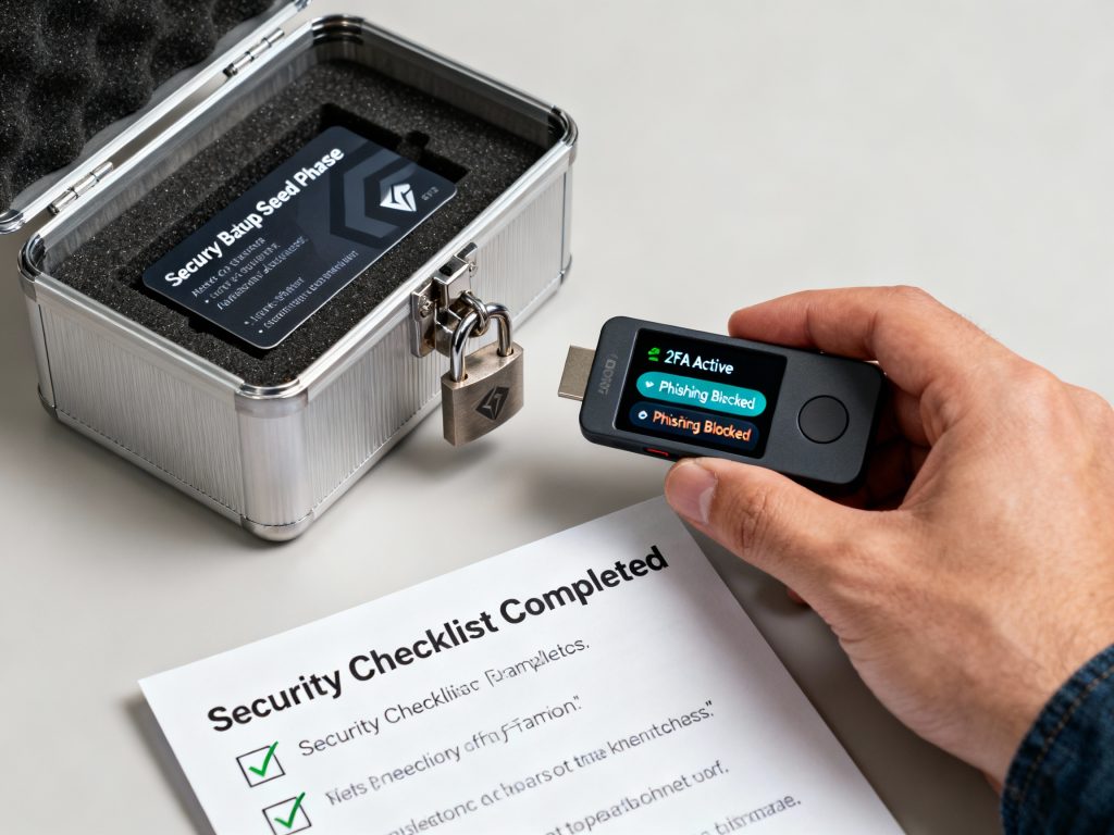 중앙의 계층형 데이터베이스 타워를 중심으로 네 명의 사용자가 노트북으로 연결되어 있고, 암호화폐 코인 아이콘들과 클라우드, 보안 키 기호가 배치된 탈중앙화 네트워크 개념도