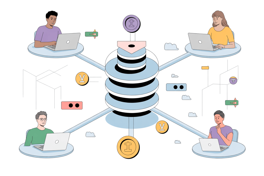 미래형 도시 거리에 비트코인과 암호화폐 아이콘들이 공중에 떠다니고, 네온 사이니지와 디지털 광고판이 가득하며 많은 사람들이 걸어가는 사이버펑크 스타일의 블록체인 도시 풍경