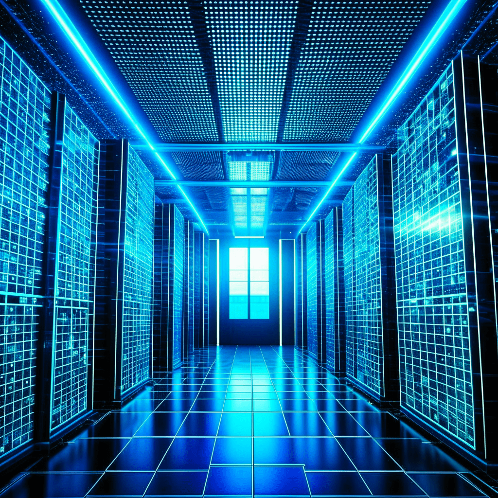 파란빛으로 가득 찬 고성능 데이터 서버룸 내부