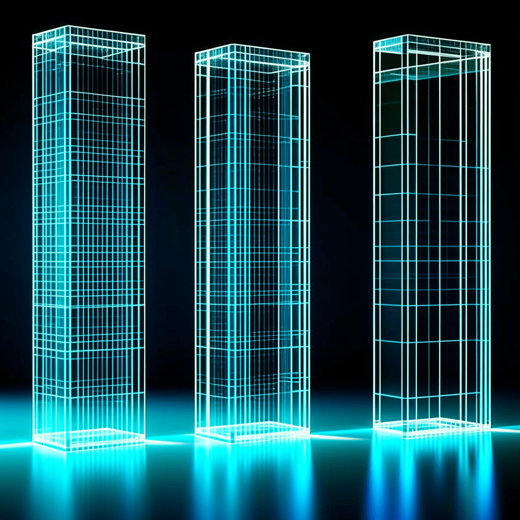 빛의 프레임으로 구성된 가상 데이터 타워 구조