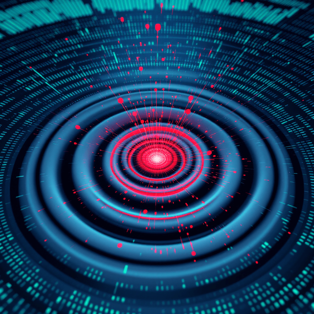 중심에서 퍼져 나가는 원형 데이터 파동 그래픽