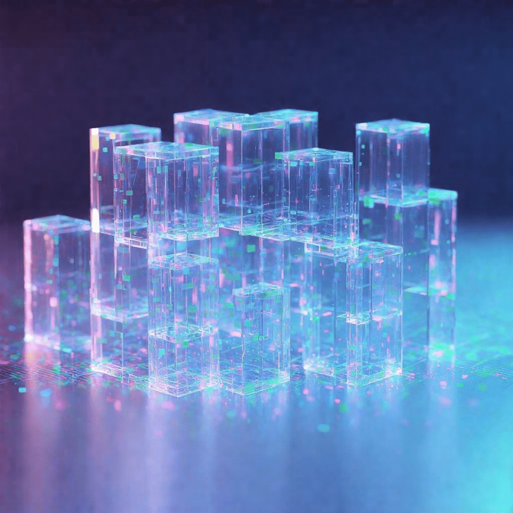 빛나는 투명 블록으로 표현된 미래형 데이터 구조체