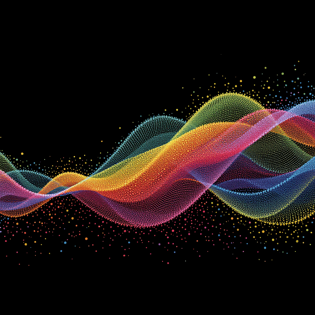 검은 배경 위에 펼쳐진 다채로운 파티클 웨이브