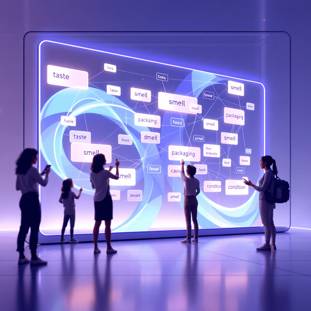 대형 인터랙티브 화면 앞에서 정보를 탐색하는 사람들