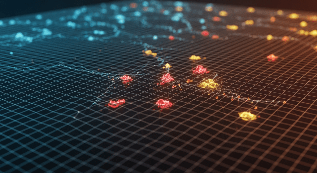 격자 위에서 빛나는 데이터 포인트들이 연결된 시각화