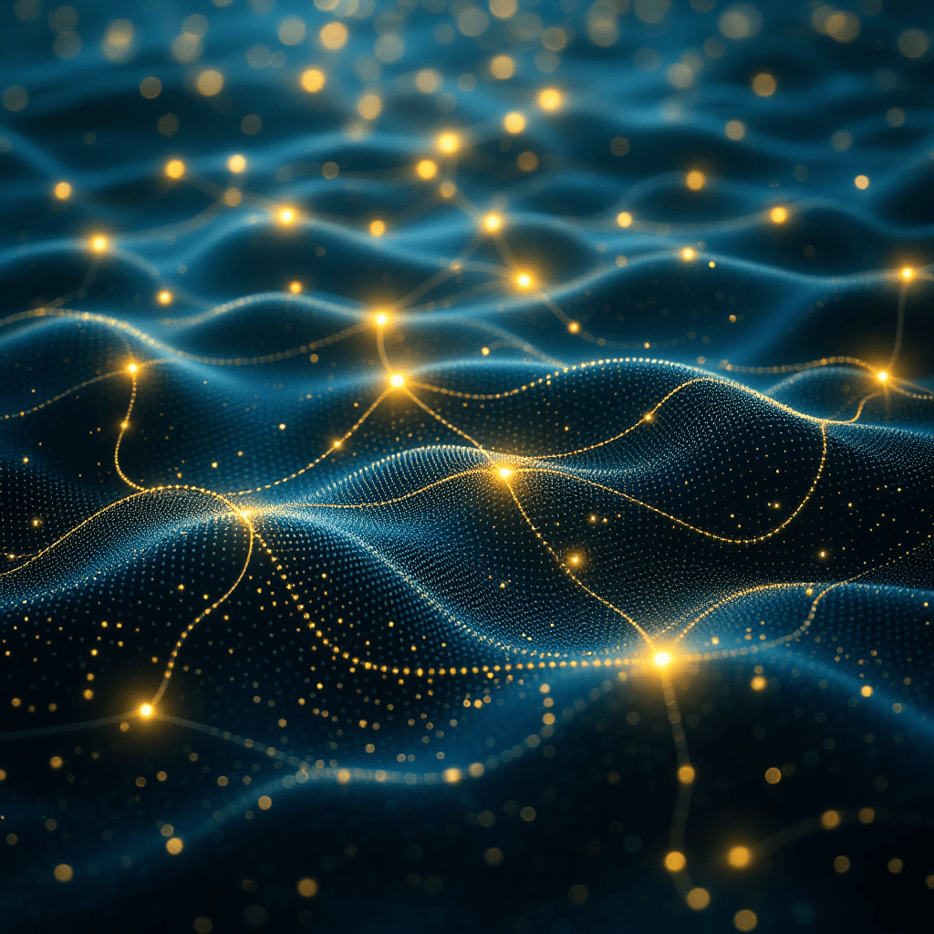 어두운 표면 위에서 빛나는 네트워크 파티클 웨이브