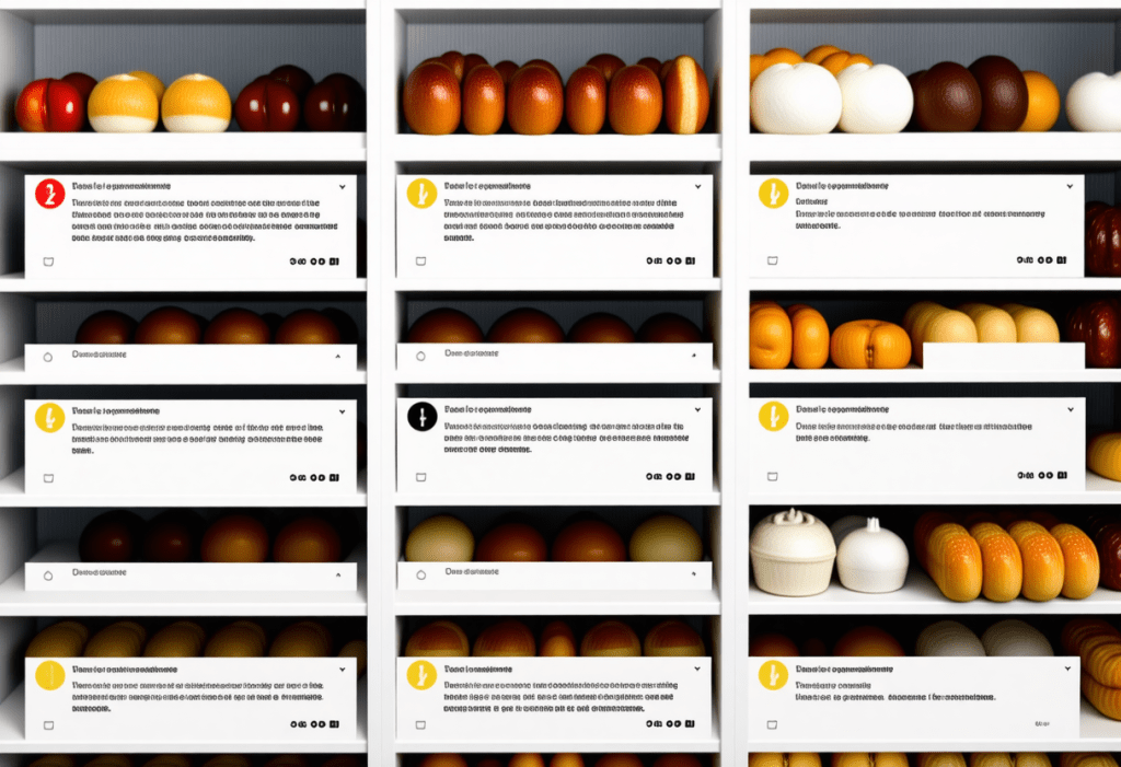 선반에 종류별로 정리된 원형 식품 패키지 배열