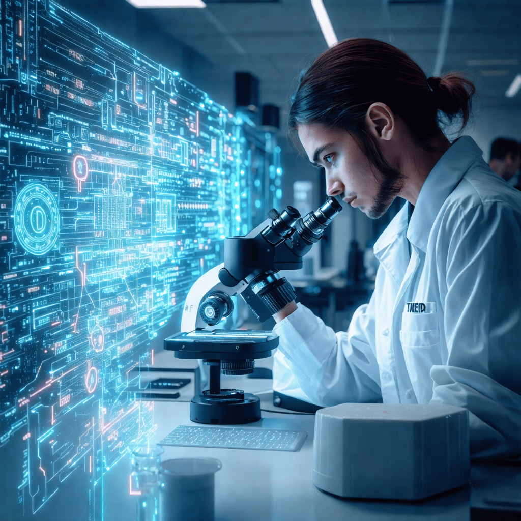 디지털 현미경으로 데이터 구조를 분석하는 연구원의 모습