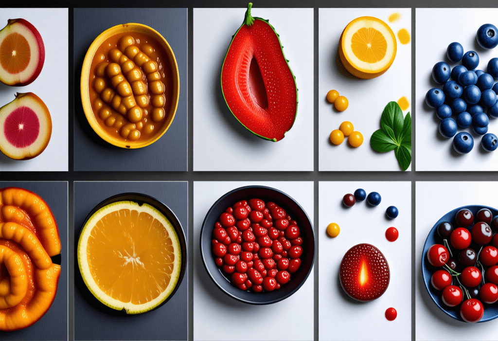 다양한 색상의 과일을 정갈하게 배열한 상단 뷰 이미지
