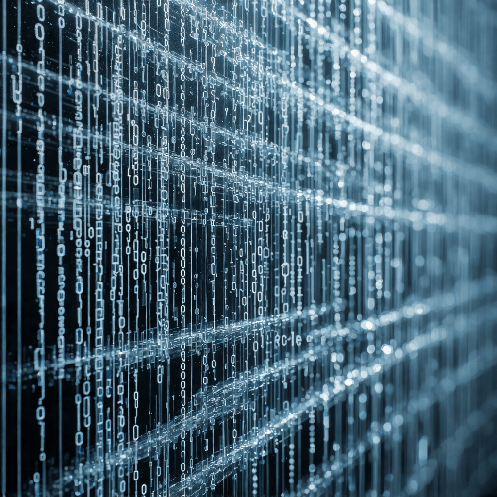 숫자와 코드로 엮인 사이버 네트워크의 추상적 벽면