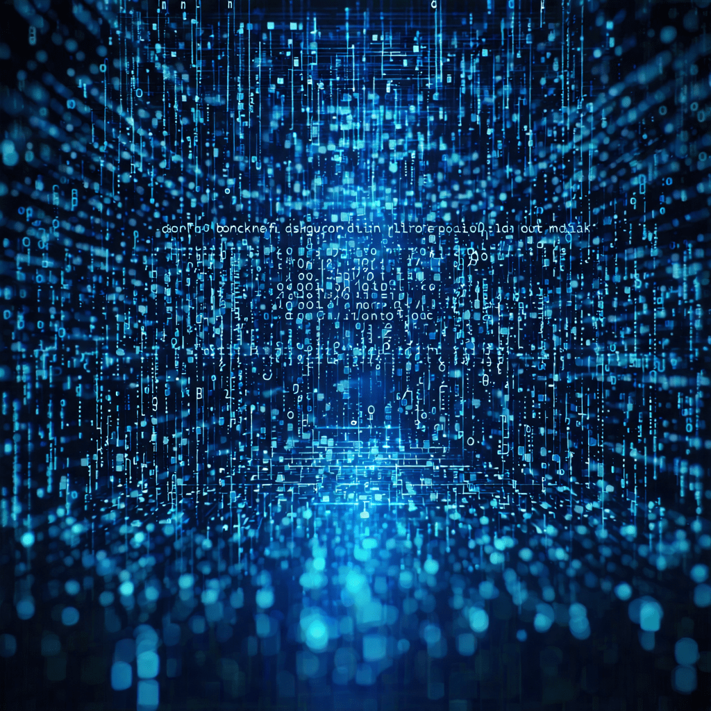 빛의 코드가 쏟아지는 디지털 데이터 스트림 공간