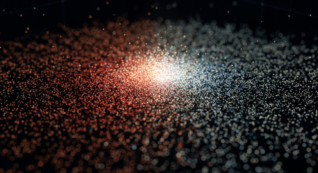 중앙으로 모이는 빛의 입자들이 퍼져 나가는 추상 이미지