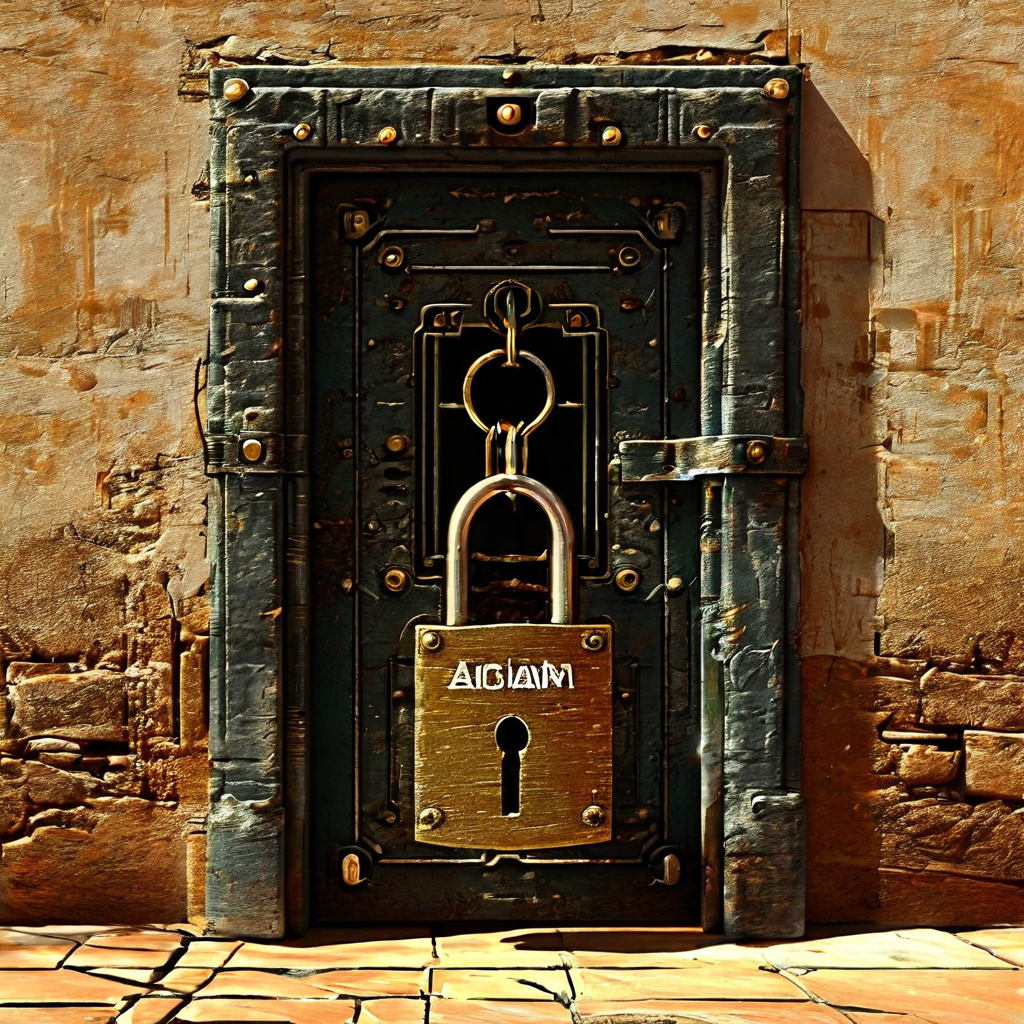 두꺼운 금속 자물쇠가 관리자 접속 문을 잠그고 있으며, 그 위로 흐르는 암호화된 코드가 디지털 장벽을 형성하고 있습니다.