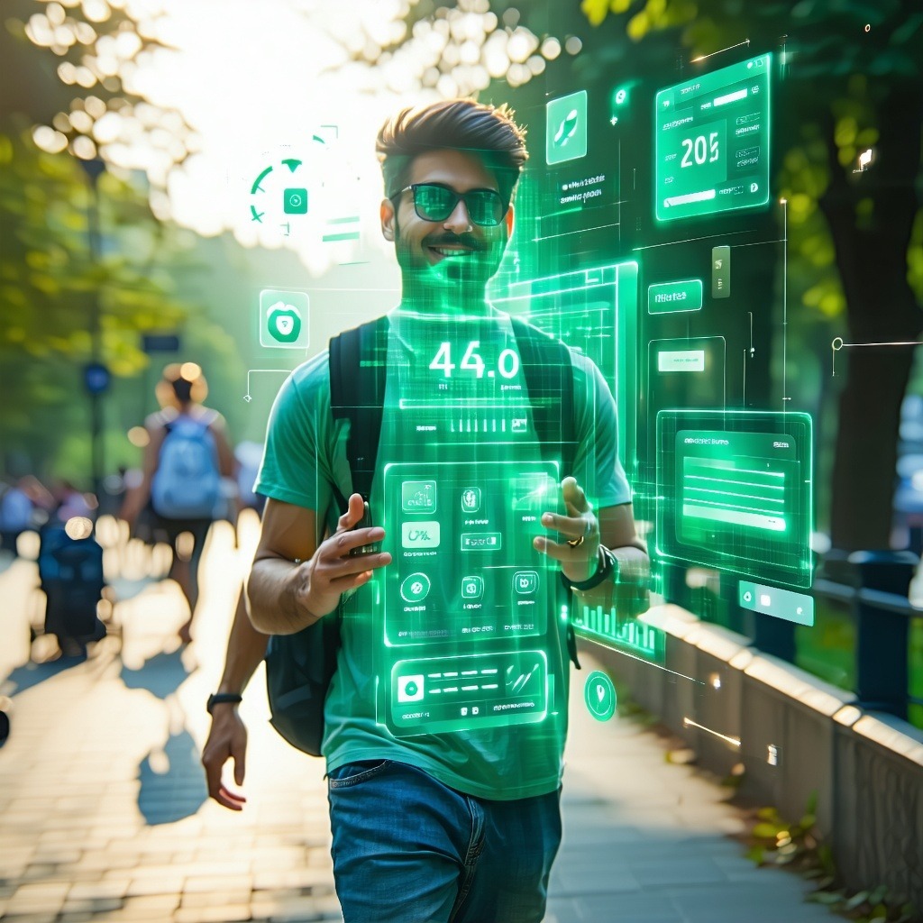 도심 산책 중인 남성 앞에 건강 데이터와 활동량 정보가 홀로그램처럼 나타나는 이미지