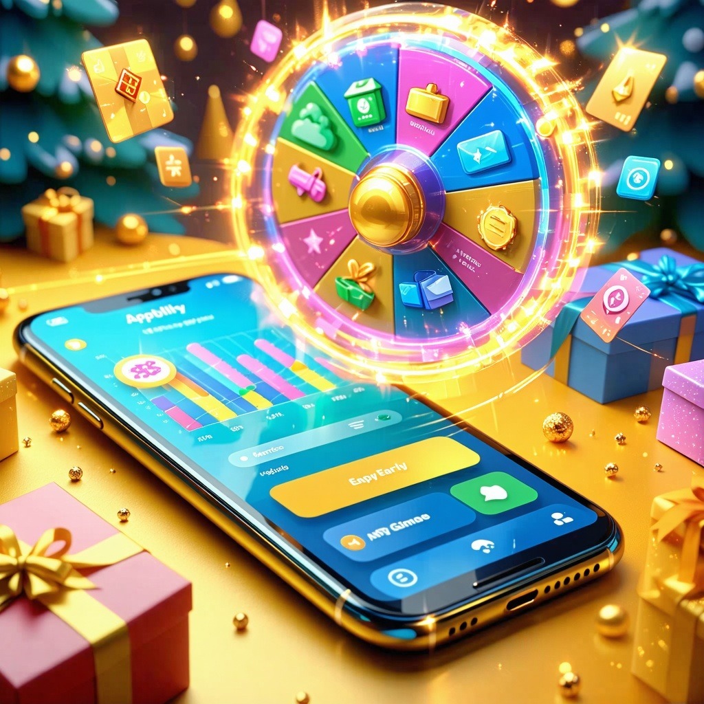 스마트폰 옆에서 빛나는 경품 룰렛 휠이 돌아가며 다양한 보상이 나타나는 프로모션 화면