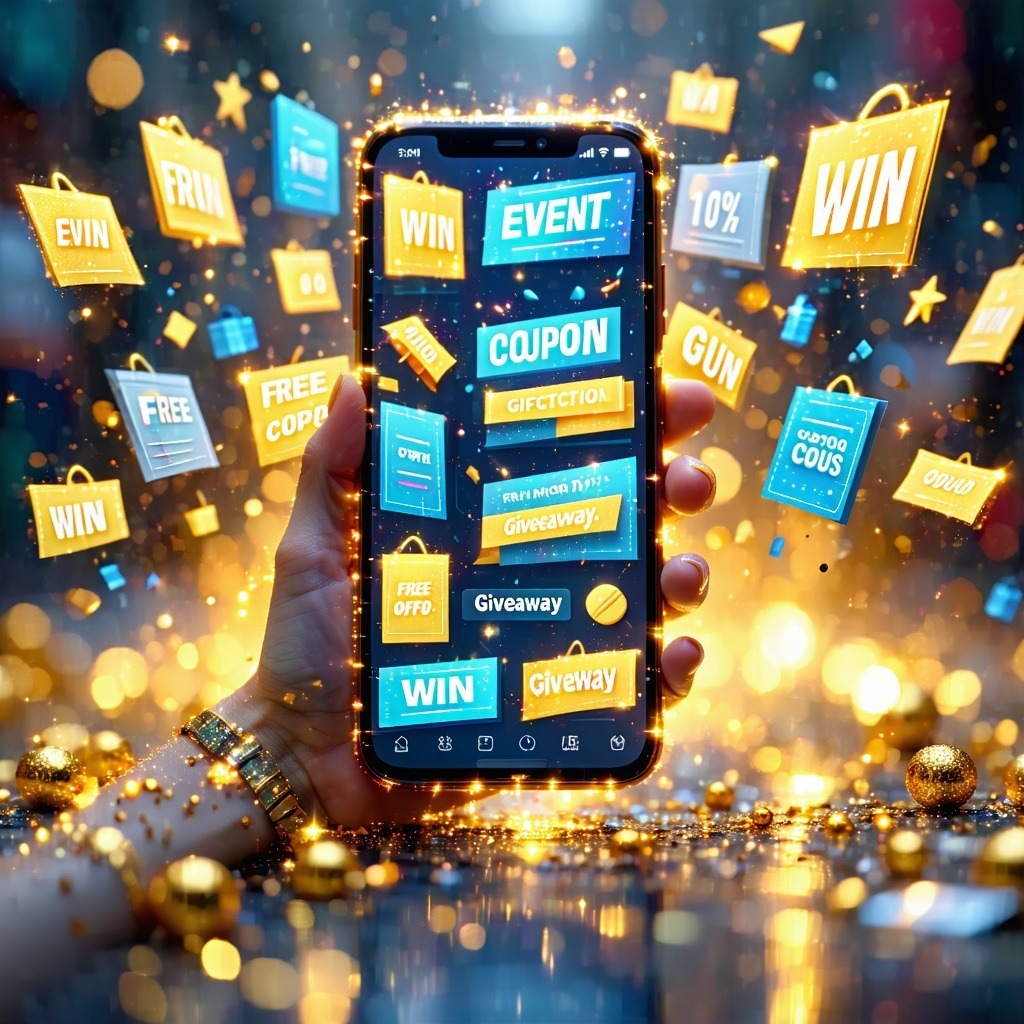 당첨, 이벤트, 쿠폰 등 다양한 혜택 아이콘이 스마트폰 주위에 화려하게 떠 있는 프로모션 화면