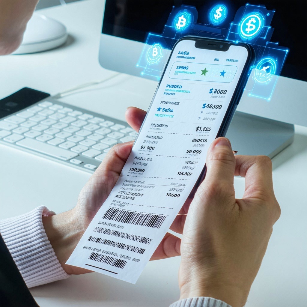 스마트폰 화면에 디지털 영수증이 나타나고 상단에 금융 아이콘이 떠 있는 장면