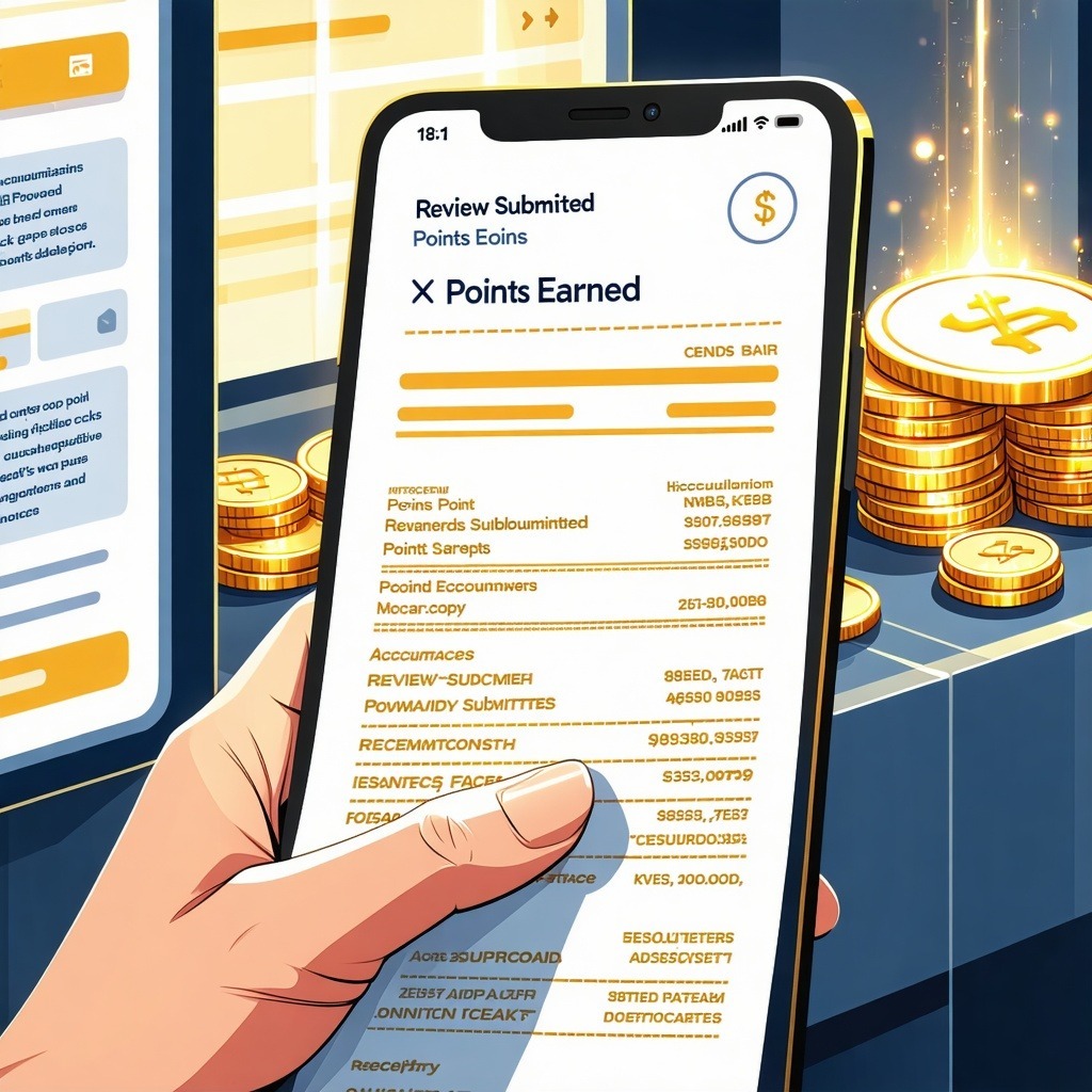포인트 적립 내역과 보상 정보가 스마트폰 화면에 표시되고 옆에 금화가 쌓여 있는 장면