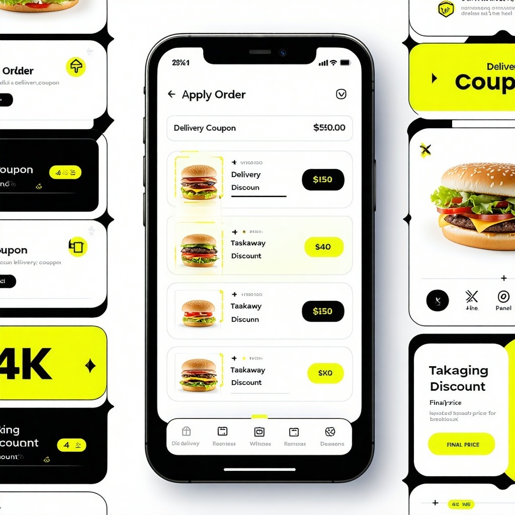 버거 이미지와 함께 배달·포장 쿠폰 할인 목록이 표시된 스마트폰 주문 화면.