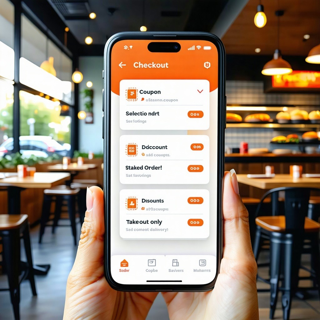 식당 내부에서 스마트폰 주문 앱에 쿠폰과 할인 옵션이 표시된 체크아웃 화면