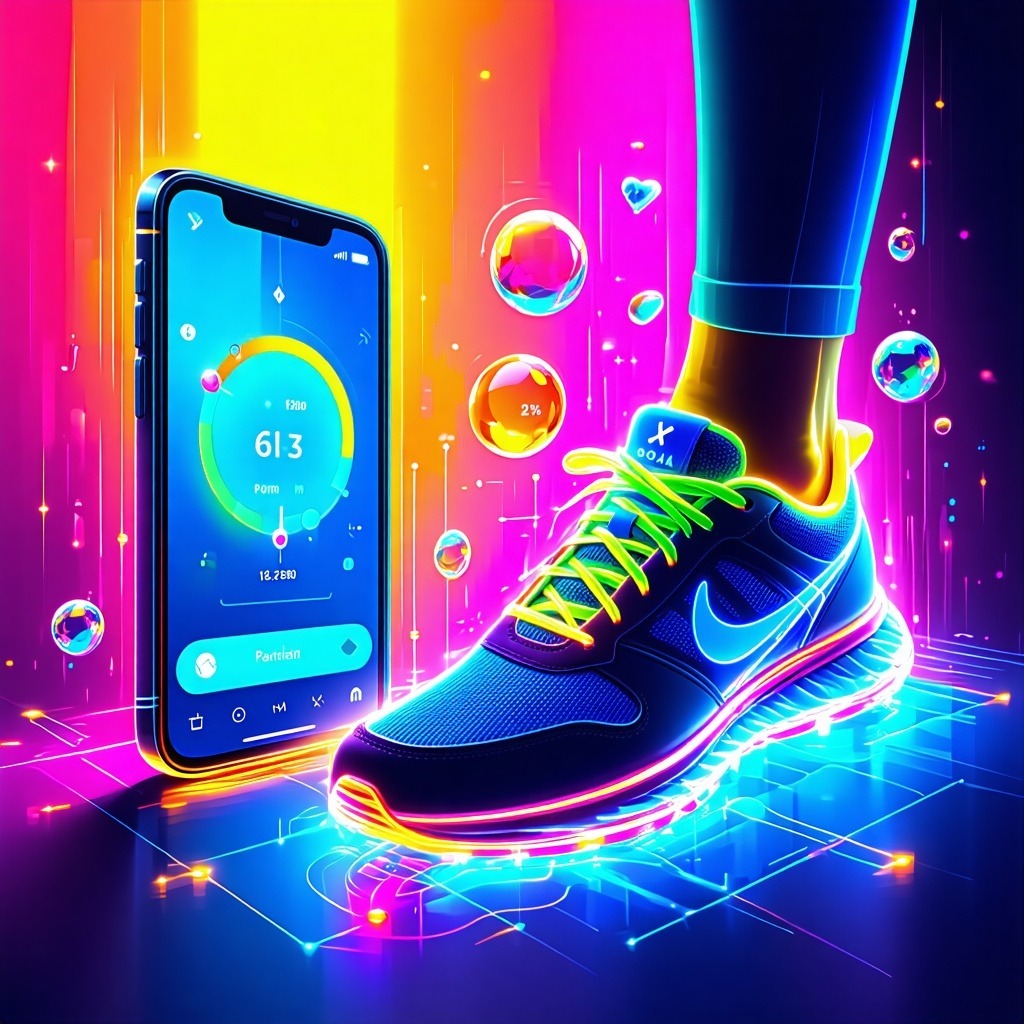 런닝화와 함께 운동 기록이 표시된 스마트폰 화면이 네온 효과로 강조된 이미지