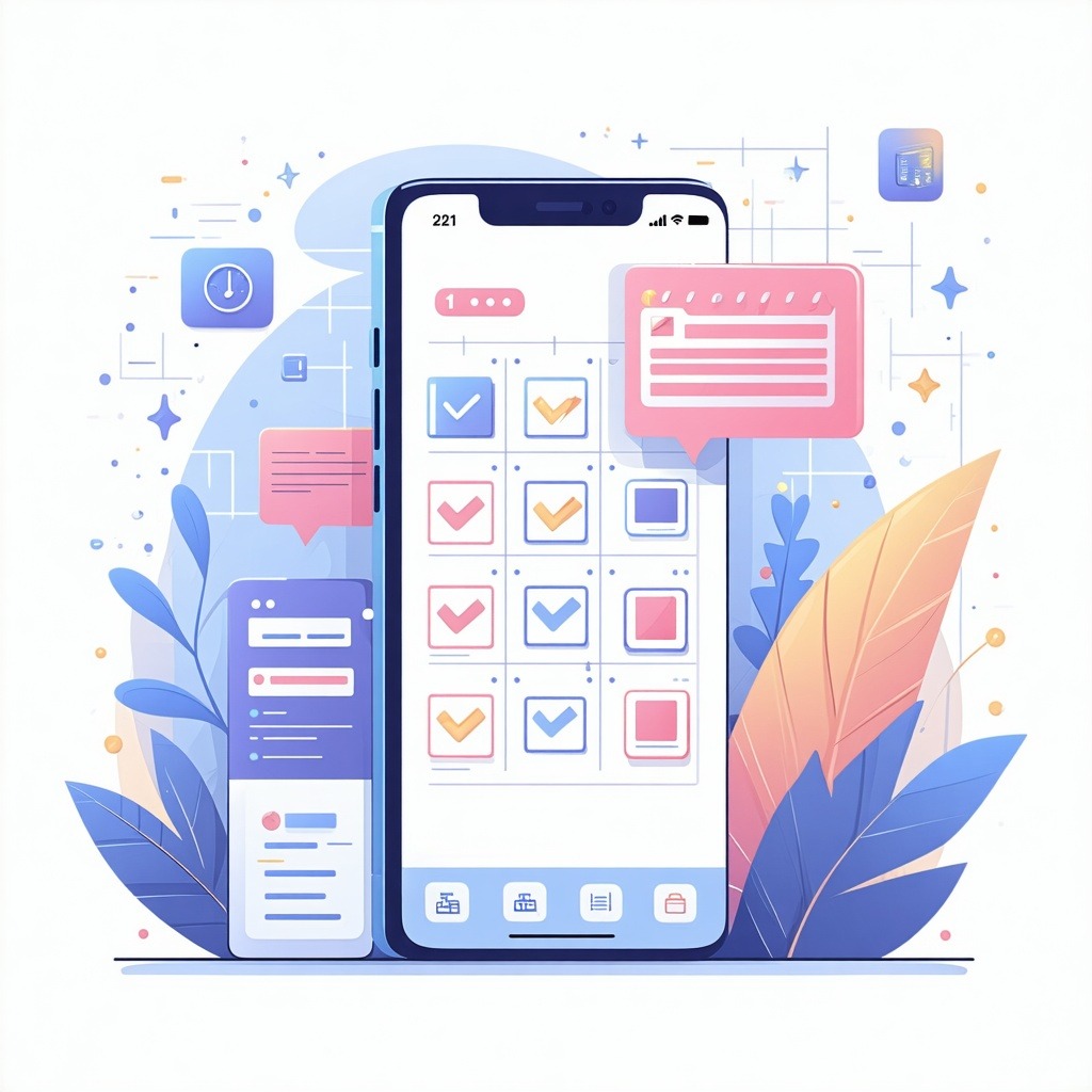 스마트폰 화면에 출석 체크와 캘린더 일정 관리 기능이 정돈된 UI로 표시된 장면