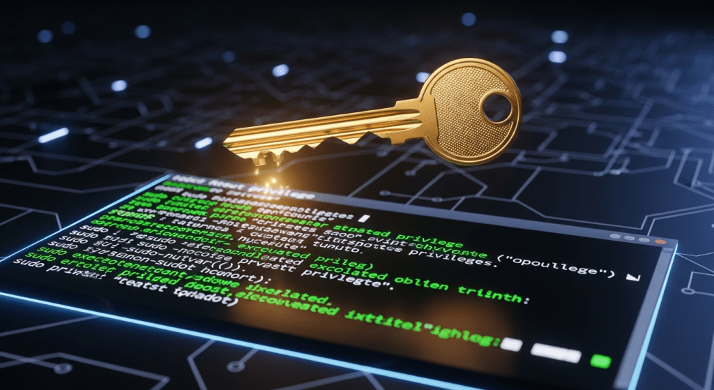 보안 키를 상징하는 금색 열쇠가 코드 화면 위에 놓인 사이버 보안 콘셉트 이미지