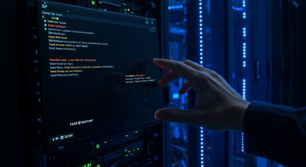 서버실에서 터미널 화면을 조작하며 시스템 명령어를 확인하는 장면