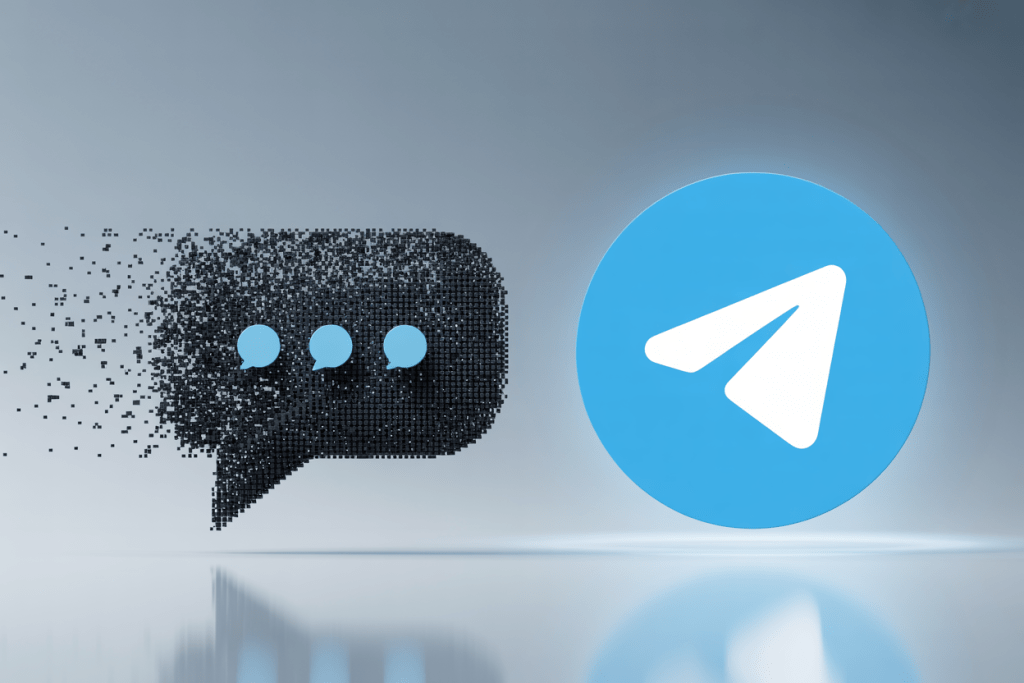 해체되는 메시지 아이콘과 텔레그램 로고가 대비되며 표현된 커뮤니케이션 콘셉트 이미지