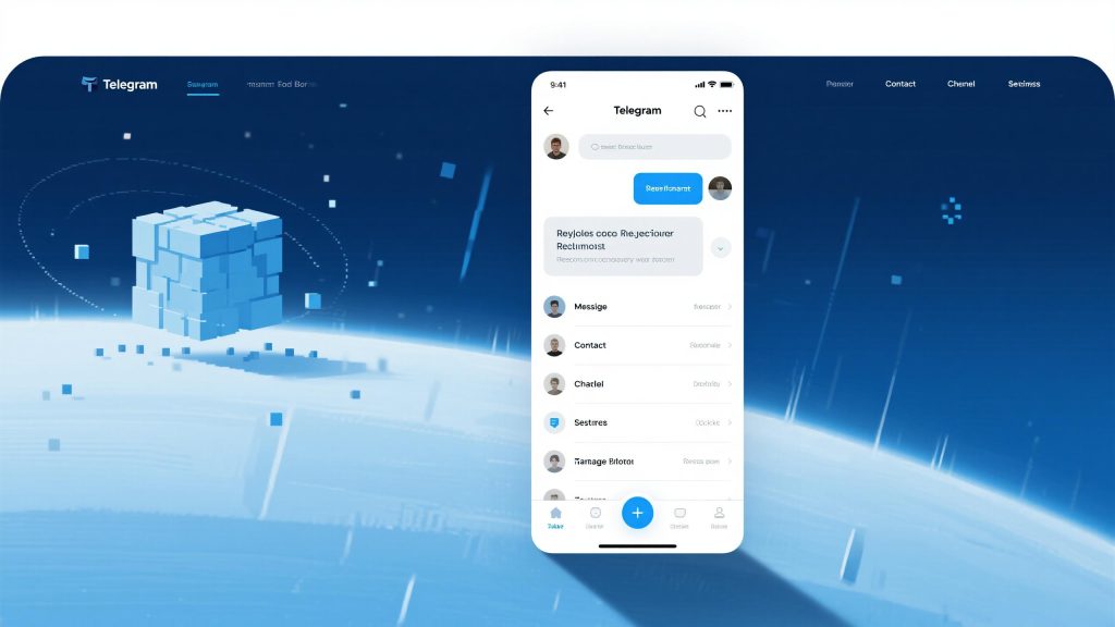 텔레그램 메시지 화면이 디지털 지구본 배경과 함께 배치된 현대적 UI 구성