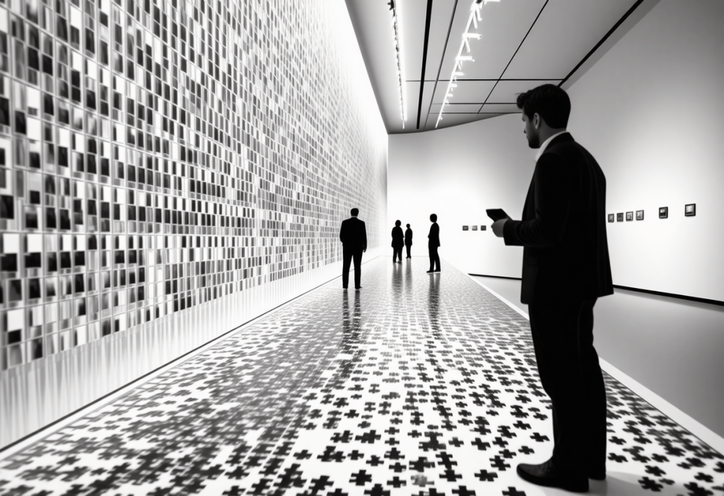 흑백 전시 공간에서 디지털 패턴 벽을 감상하는 사람들