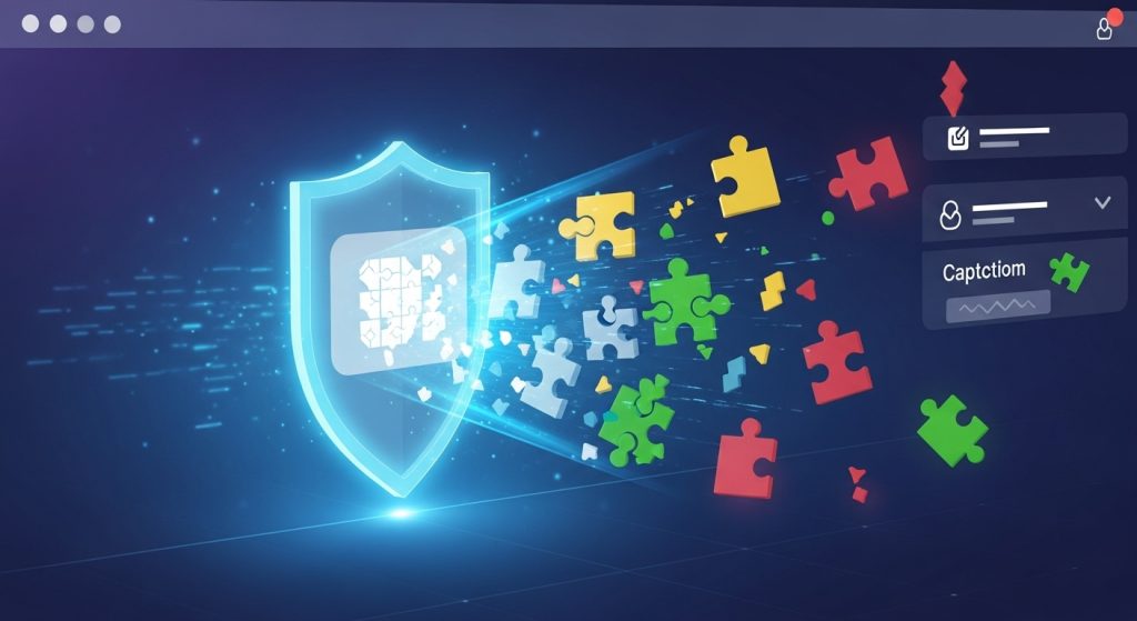 퍼즐 조각이 흩어지는 가운데 중앙에서 빛나는 보안 방패 아이콘이 나타나는 이미지