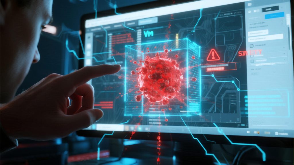 가상 환경에서 붉은 색 바이러스 객체를 분석하는 사이버 보안 전문가의 모습