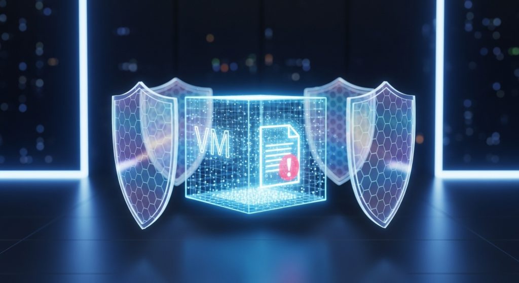 가상 머신(VM)과 관련 문서가 디지털 방패로 보호되는 보안 시각화 이미지