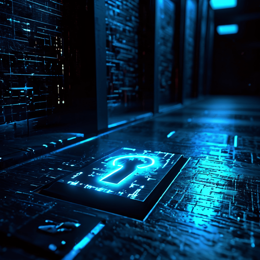 어두운 서버실 바닥에 희미하게 빛나는 발자국을 남긴 채 소리 없이 열리는 디지털 자물쇠 아이콘이다.