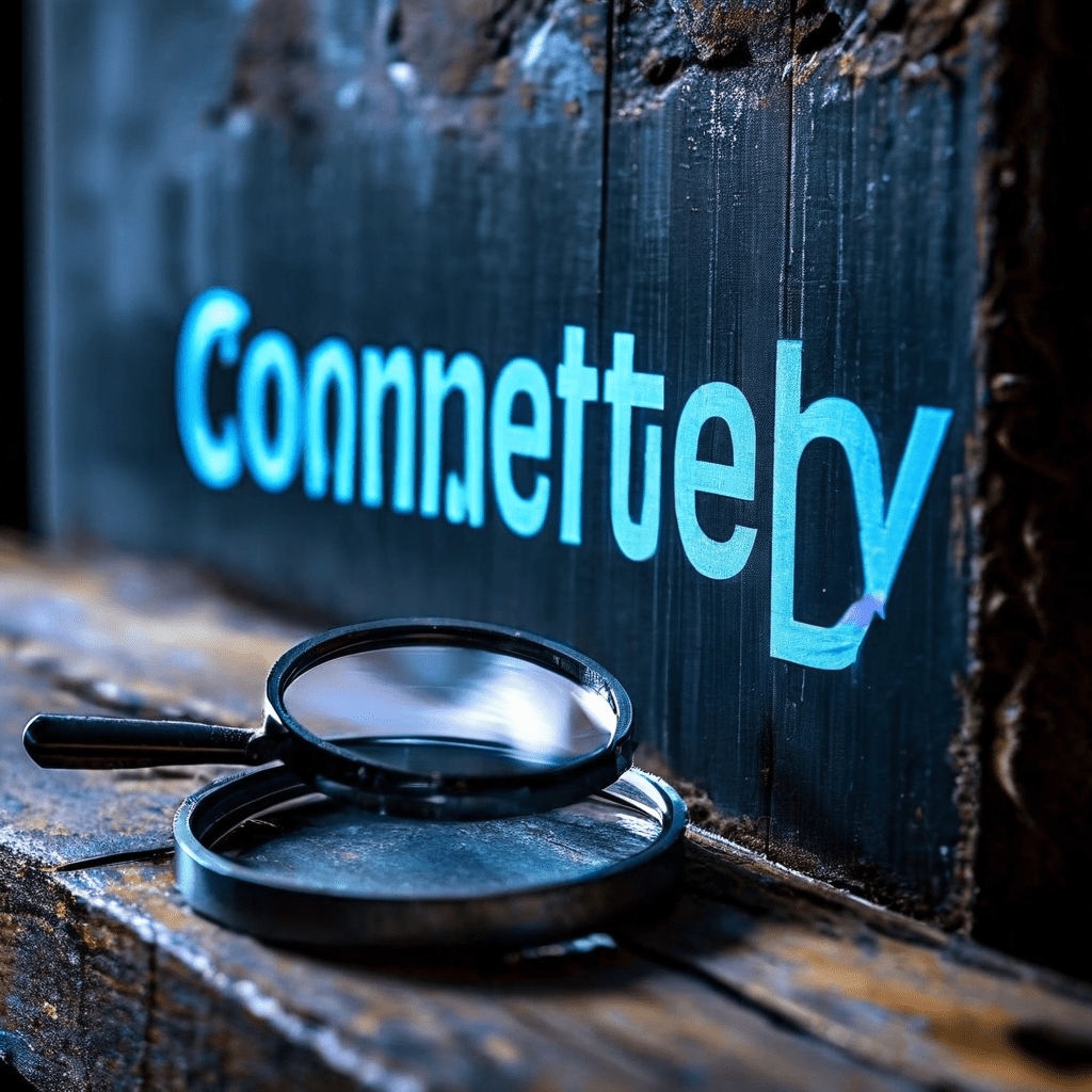 검정색 선 그래프가 해시태그로 가득 찬 벽 뒤로 가라앉으며, 확대경으로 숨겨진 내용을 드러내는 모습이다.