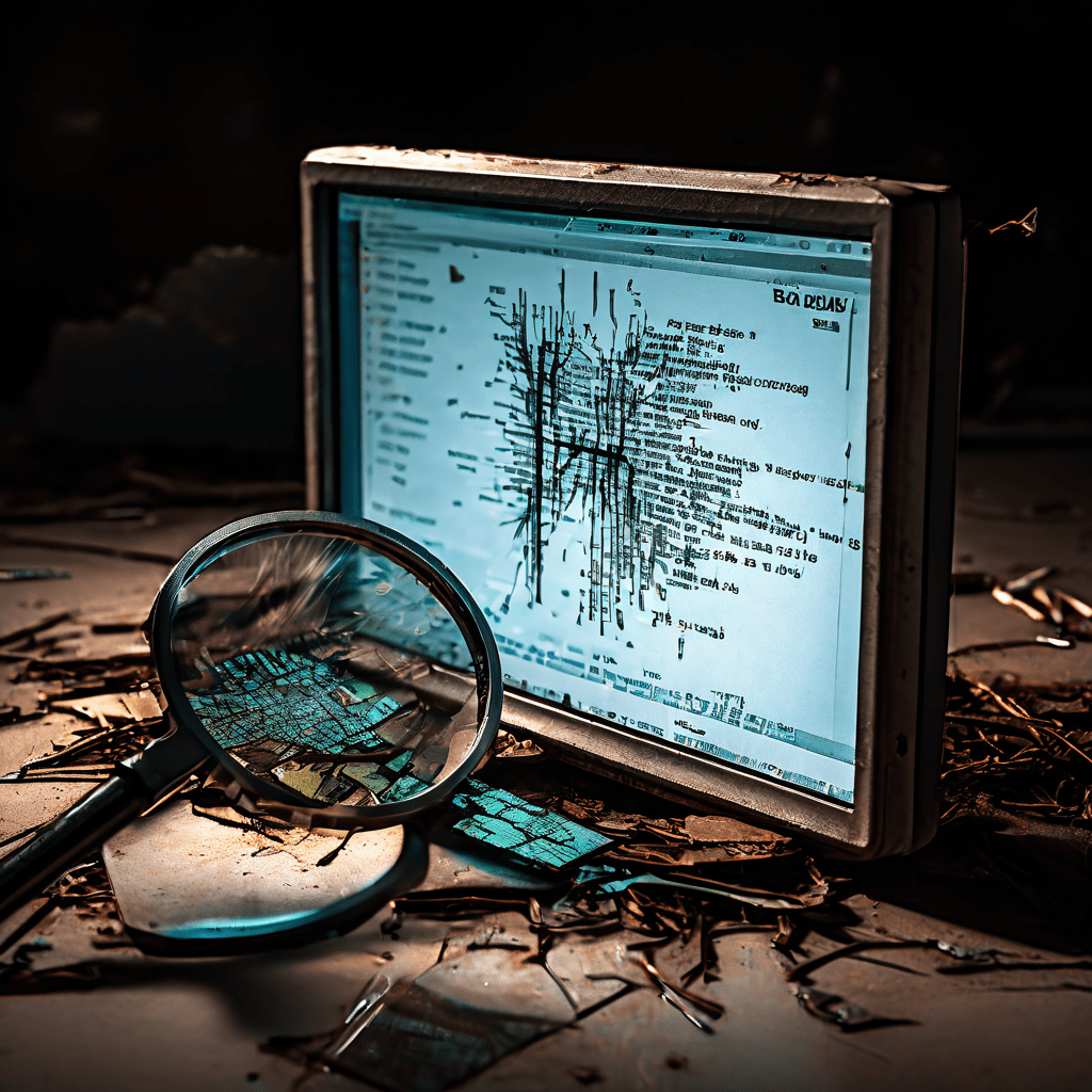 파란색 오류 메시지가 뜬 윈도우 10 화면의 금 간 모니터를 확대경으로 보면, 깨진 이진수 하나가 근본 원인으로 드러난 모습이다.