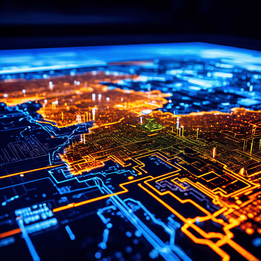 고해상도 디지털 화면에 표시된 전술 지도의 클로즈업으로, 흐릿한 픽셀 배경 위에 선명한 데이터 선과 아이콘이 돋보이는 모습이다.
